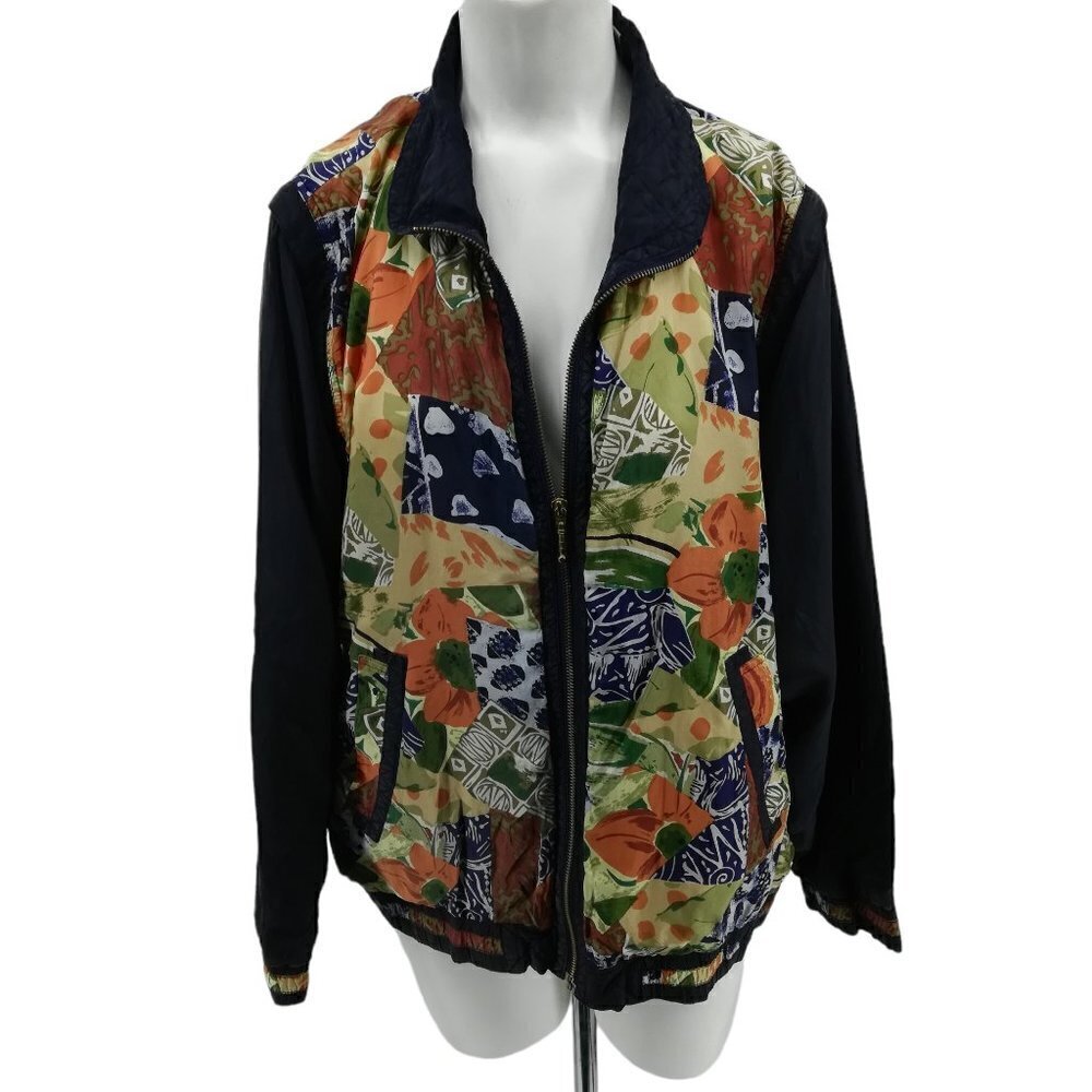 Vintage 100% Silk Abstract Full Zip Windbreaker Vest Size M Zip Off Sleeves